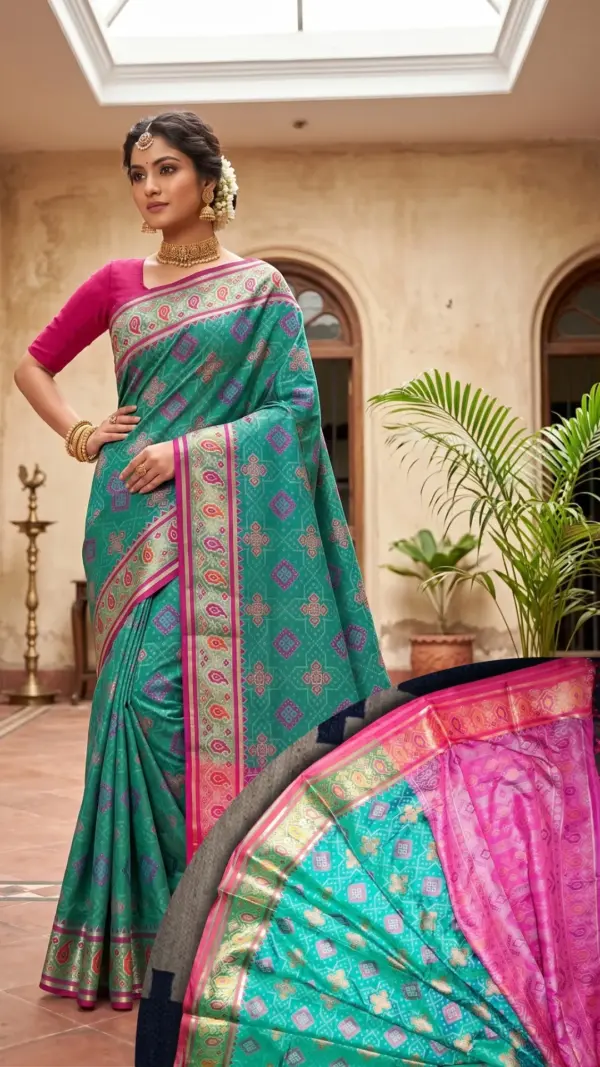 ইক্কাত সিল্ক গ্রীন শাড়ি