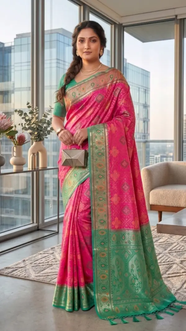ইক্কাত সিল্ক পিঙ্ক শাড়ি