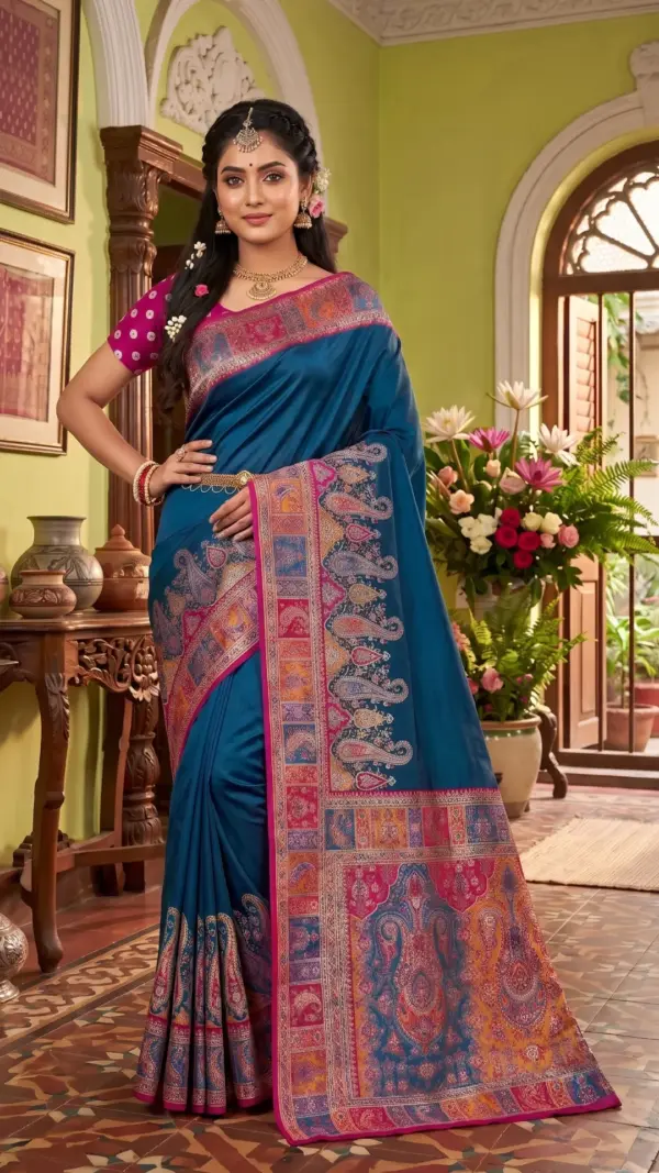 কাশ্মীরি কানি পিকক ব্লু শাড়ি