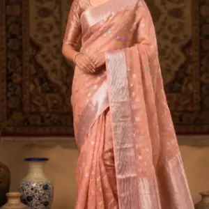 টিস্যু অরগাঞ্জা কোরাল পিঙ্ক শাড়ি