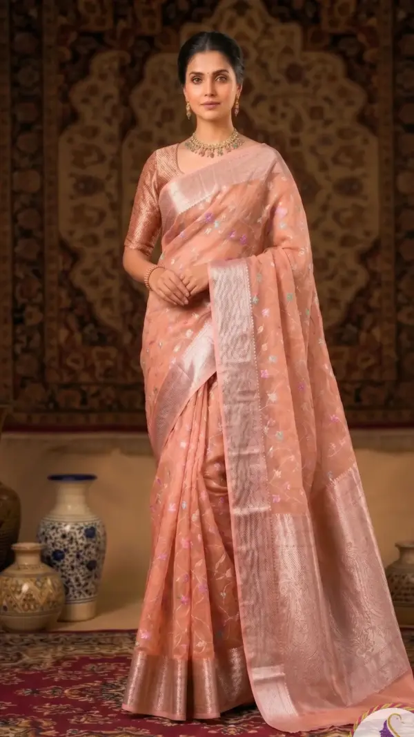 টিস্যু অরগাঞ্জা কোরাল পিঙ্ক শাড়ি
