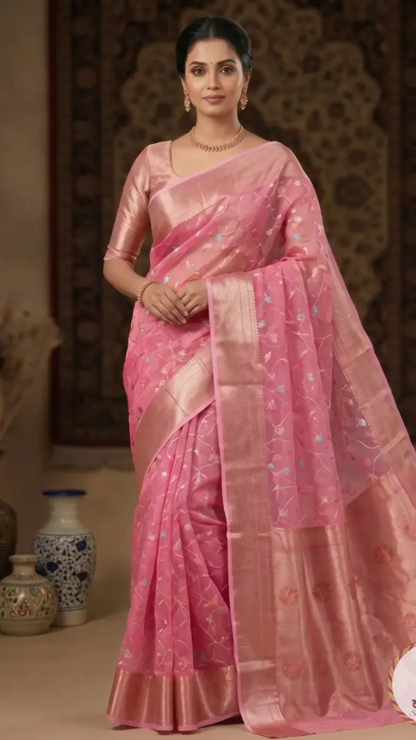 টিস্যু অরগাঞ্জা পিঙ্ক শাড়ি
