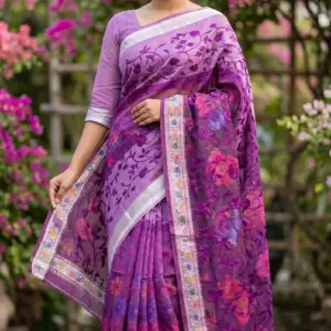এমব্রয়ডারি সুতি ভায়লেট শাড়ি