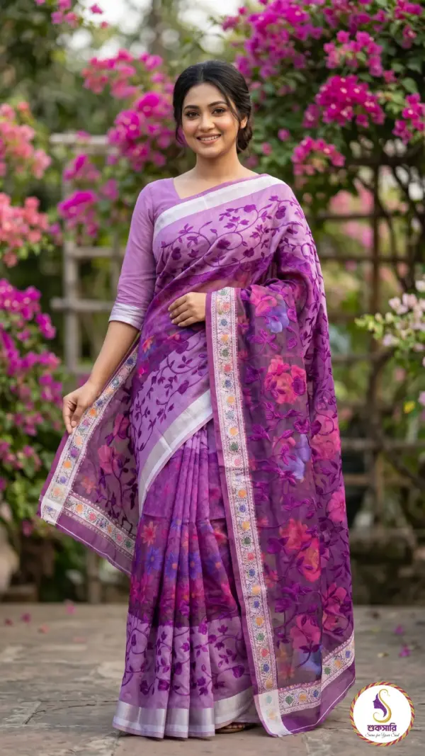 এমব্রয়ডারি সুতি ভায়লেট শাড়ি