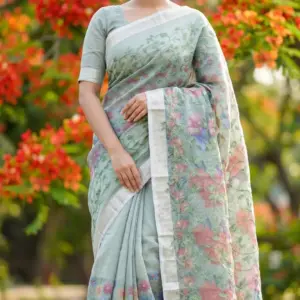 এমব্রয়ডারি সুতি লাইট গ্রীন শাড়ি