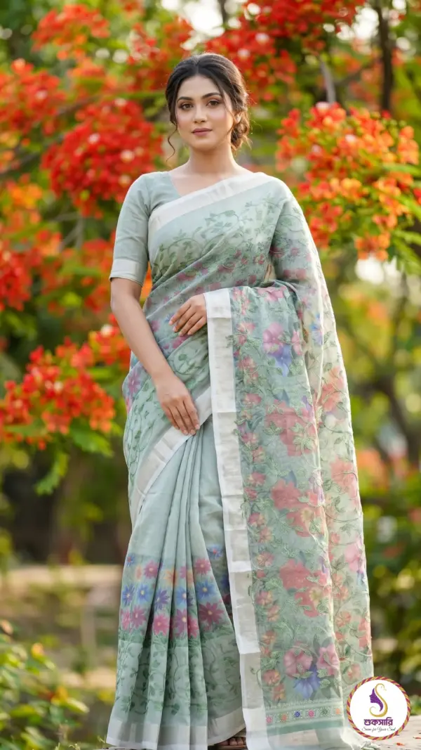 এমব্রয়ডারি সুতি লাইট গ্রীন শাড়ি