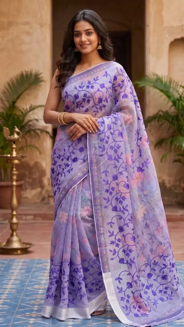 এমব্রয়ডারি সুতি ল্যাভেন্ডার শাড়ি
