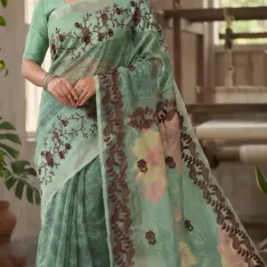 এমব্রয়ডারি সুতি মিন্ট গ্রিন শাড়ি