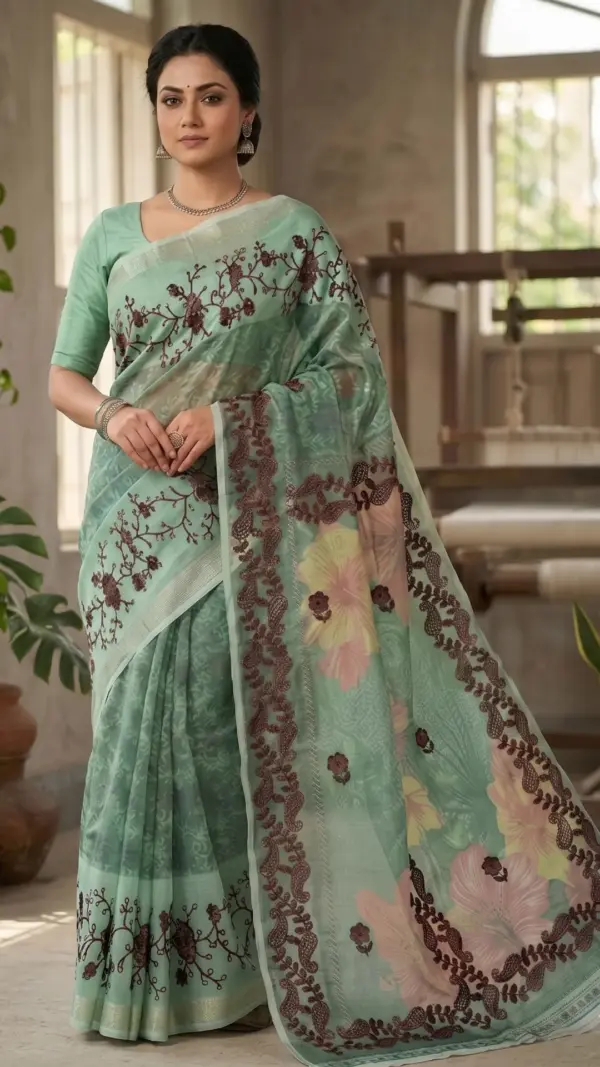 এমব্রয়ডারি সুতি মিন্ট গ্রিন শাড়ি