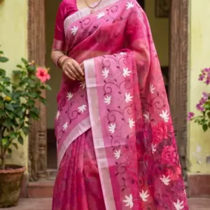 এমব্রয়ডারি সুতি অনিয়ন পিংক শাড়ি