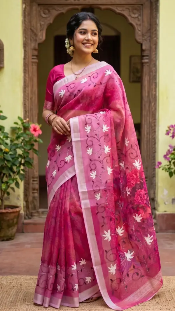 এমব্রয়ডারি সুতি অনিয়ন পিংক শাড়ি