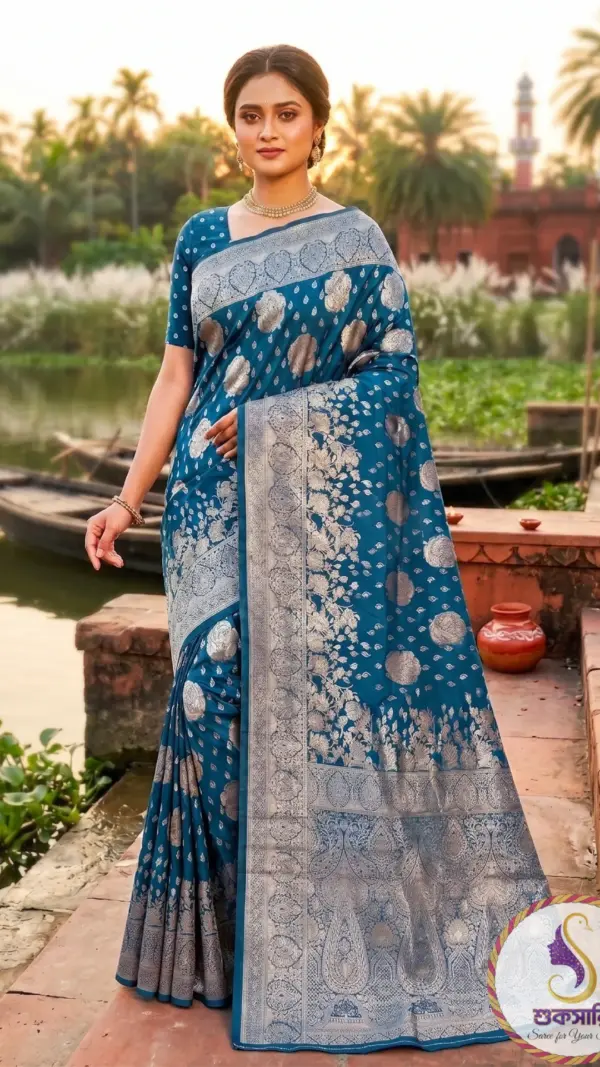 মাতোয়ালি কাতান সিল্ক ব্লু শাড়ি