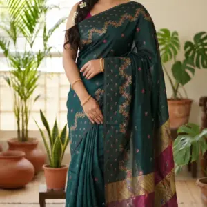 রেশমি হাফ-সিল্ক ডার্ক গ্রীন শাড়ি