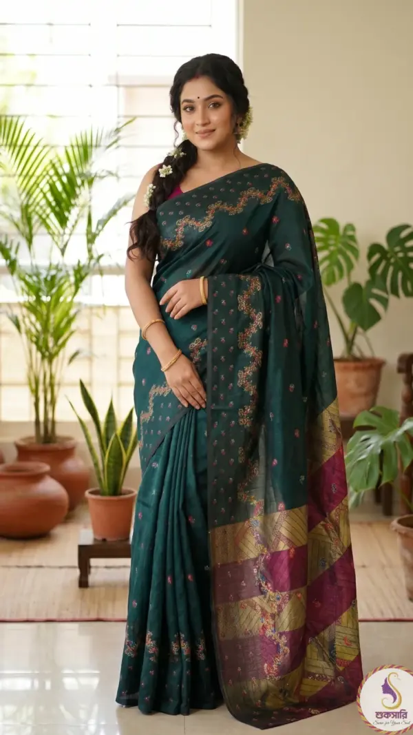 রেশমি হাফ-সিল্ক ডার্ক গ্রীন শাড়ি