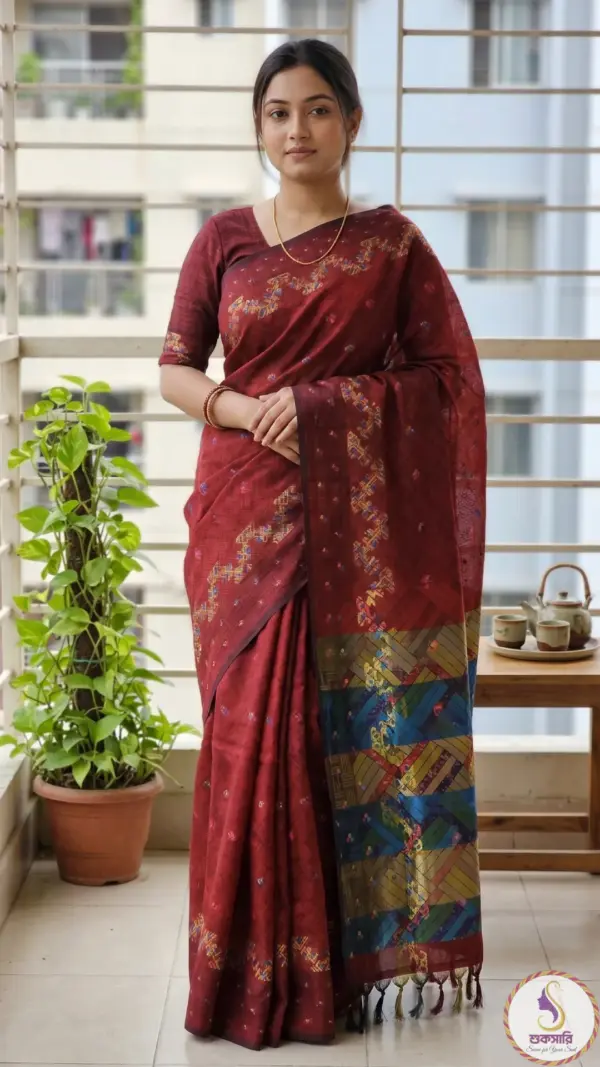 রেশমি হাফ-সিল্ক মেরুন শাড়ি