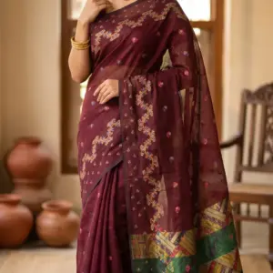 রেশমি হাফ-সিল্ক ওয়াইন রেড শাড়ি