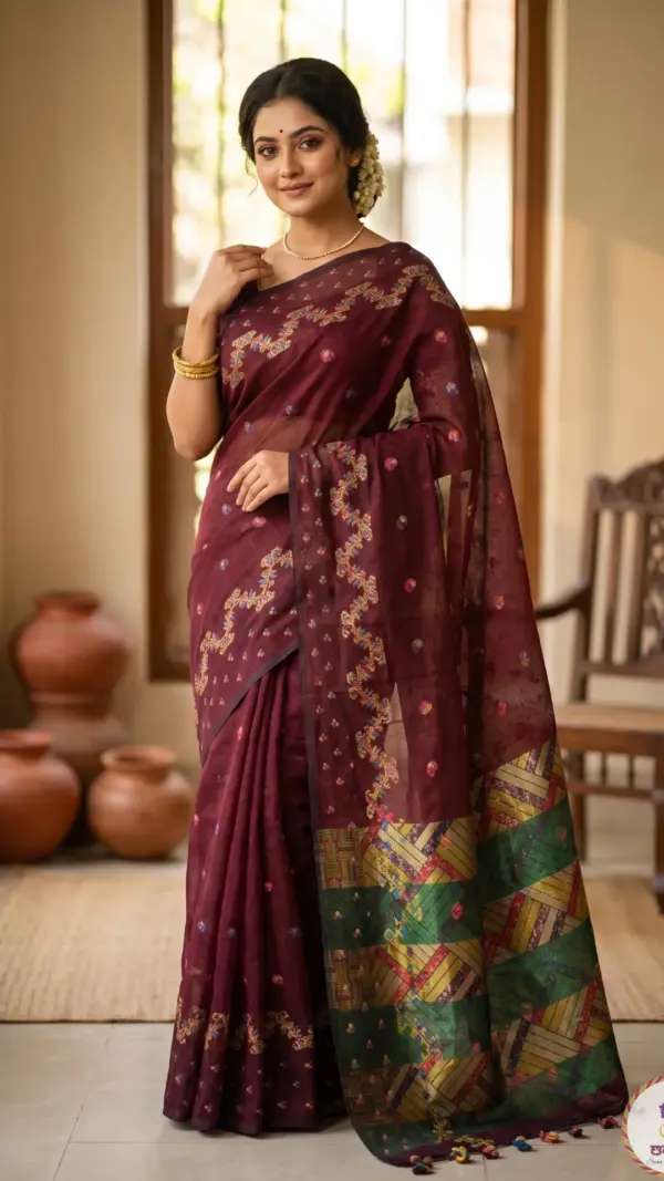 রেশমি হাফ-সিল্ক ওয়াইন রেড শাড়ি