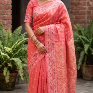 কটন জামদানি কোরাল পিঙ্ক শাড়ি