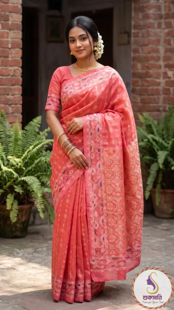 কটন জামদানি কোরাল পিঙ্ক শাড়ি