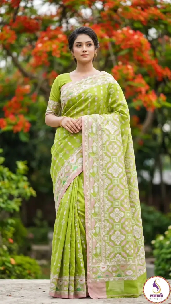 কটন জামদানি গ্রীন শাড়ি