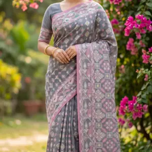 কটন জামদানি গ্রে শাড়ি
