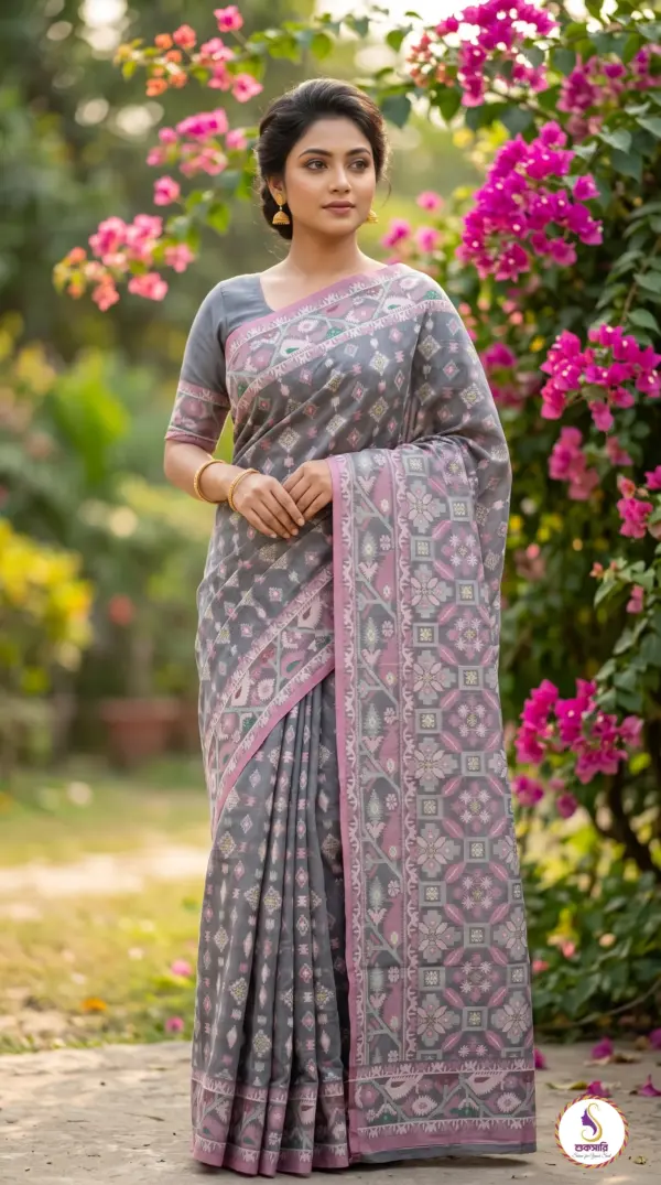 কটন জামদানি গ্রে শাড়ি