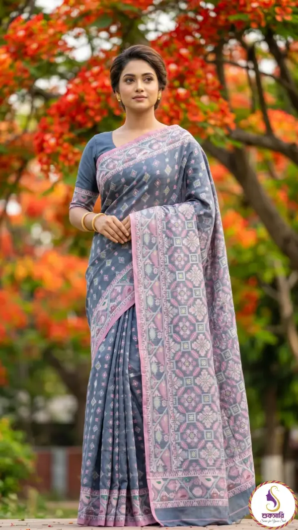 কটন জামদানি স্লেট ব্লু শাড়ি