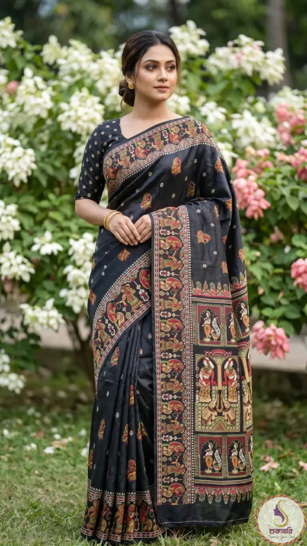 তসর সিল্ক ব্ল্যাক শাড়ি