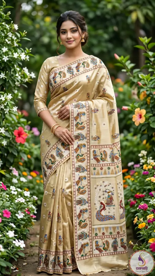 তসর সিল্ক লাইট আইভরি শাড়ি