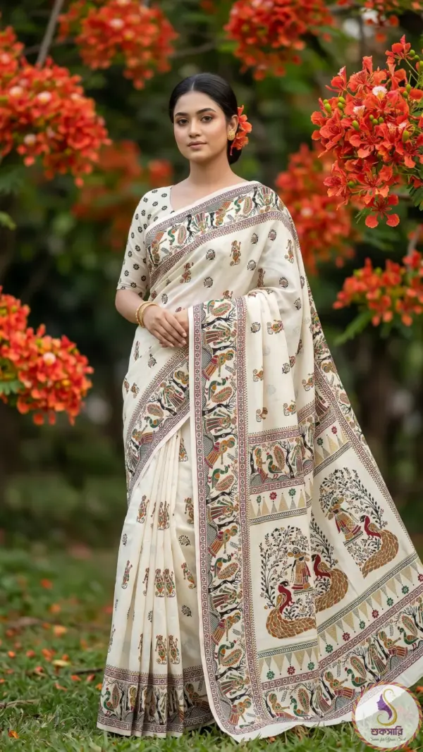 তসর সিল্ক মিল্কি হোয়াইট শাড়ি