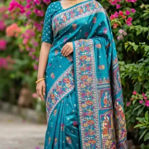 তসর সিল্ক পিকক ব্লু শাড়ি