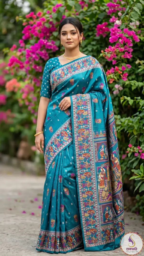 তসর সিল্ক পিকক ব্লু শাড়ি