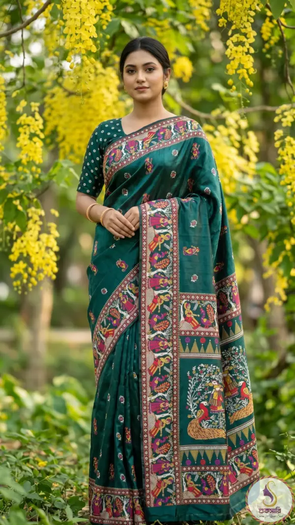 তসর সিল্ক পিকক টিল শাড়ি