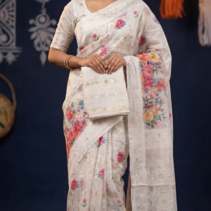 টিস্যু অরগাঞ্জা হোয়াইট সিল্ক শাড়ি