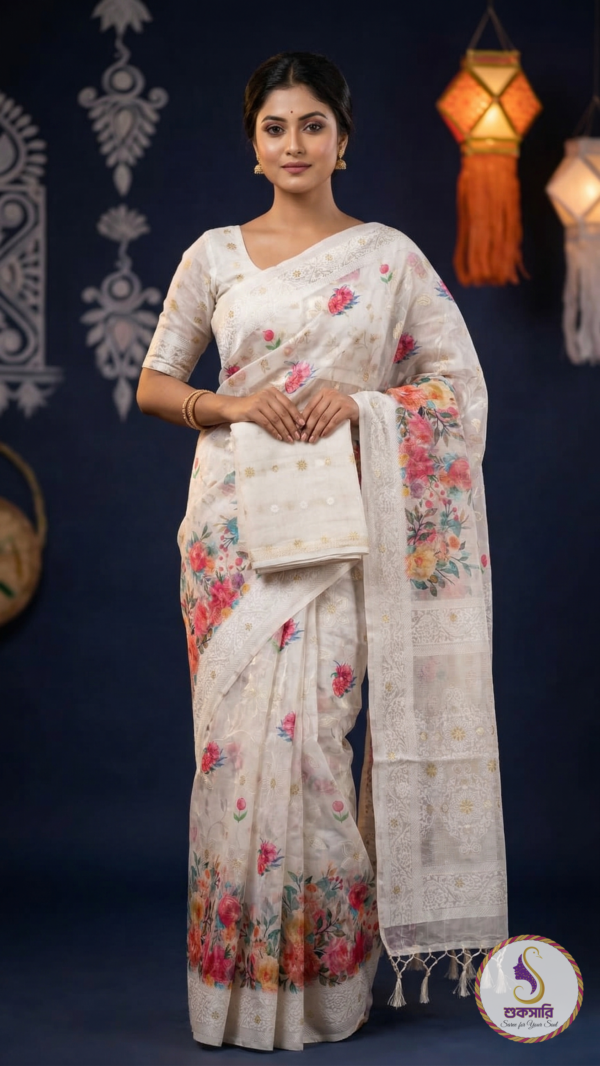 টিস্যু অরগাঞ্জা হোয়াইট সিল্ক শাড়ি