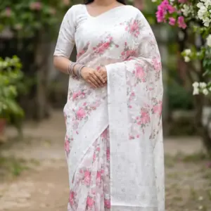 টিস্যু অরগাঞ্জা হোয়াইট সিল্ক শাড়ি