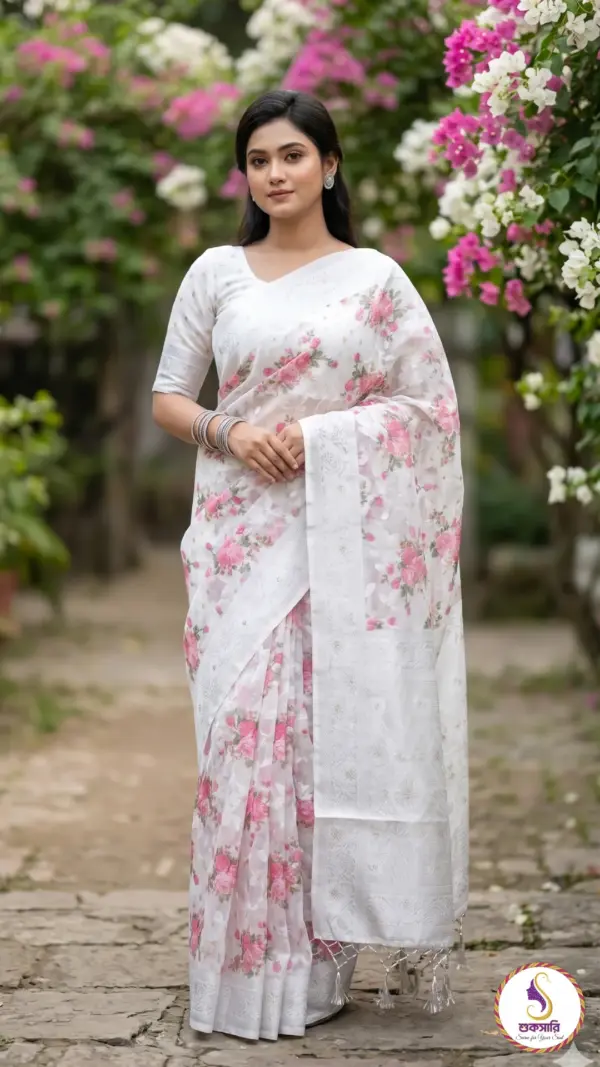 টিস্যু অরগাঞ্জা হোয়াইট সিল্ক শাড়ি