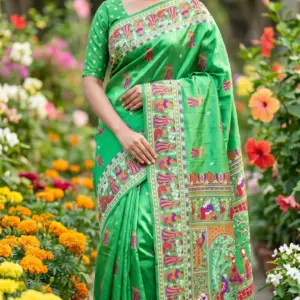 তসর সিল্ক ব্রাইট গ্রীন শাড়ি