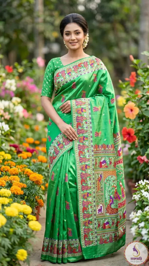 তসর সিল্ক ব্রাইট গ্রীন শাড়ি