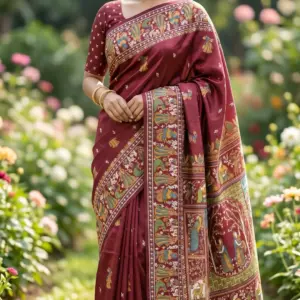 তসর সিল্ক মেরুন শাড়ি
