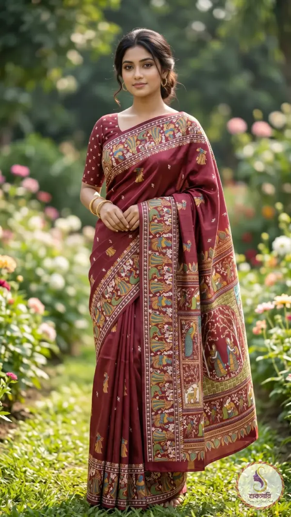 তসর সিল্ক মেরুন শাড়ি