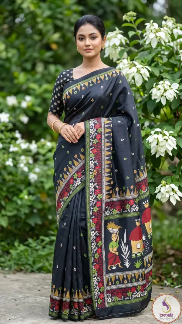 তসর সিল্ক ব্ল্যাক শাড়ি