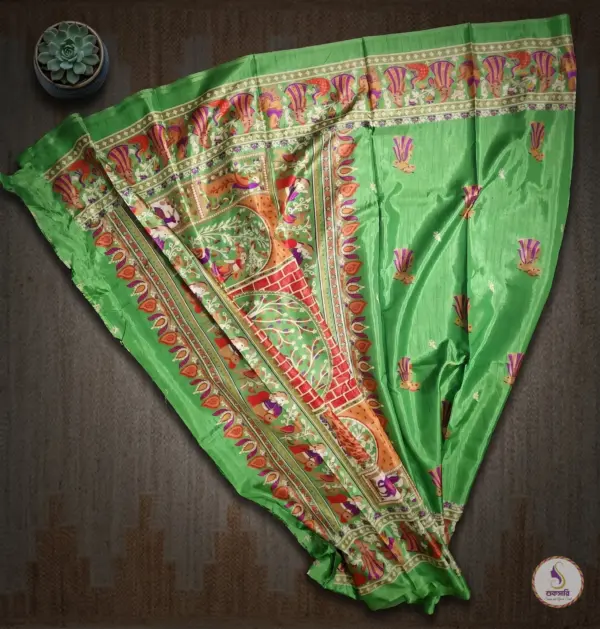 তসর সিল্ক ব্রাইট গ্রীন শাড়ি