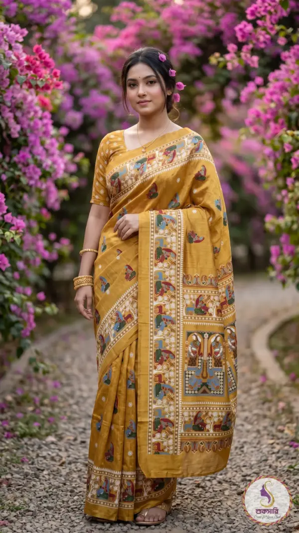 তসর সিল্ক অরেঞ্জ শাড়ি