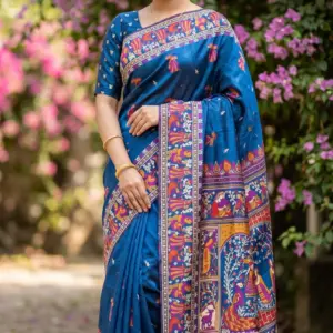 তসর সিল্ক রয়েল ব্লু শাড়ি