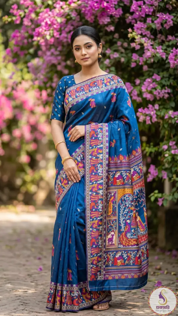 তসর সিল্ক রয়েল ব্লু শাড়ি