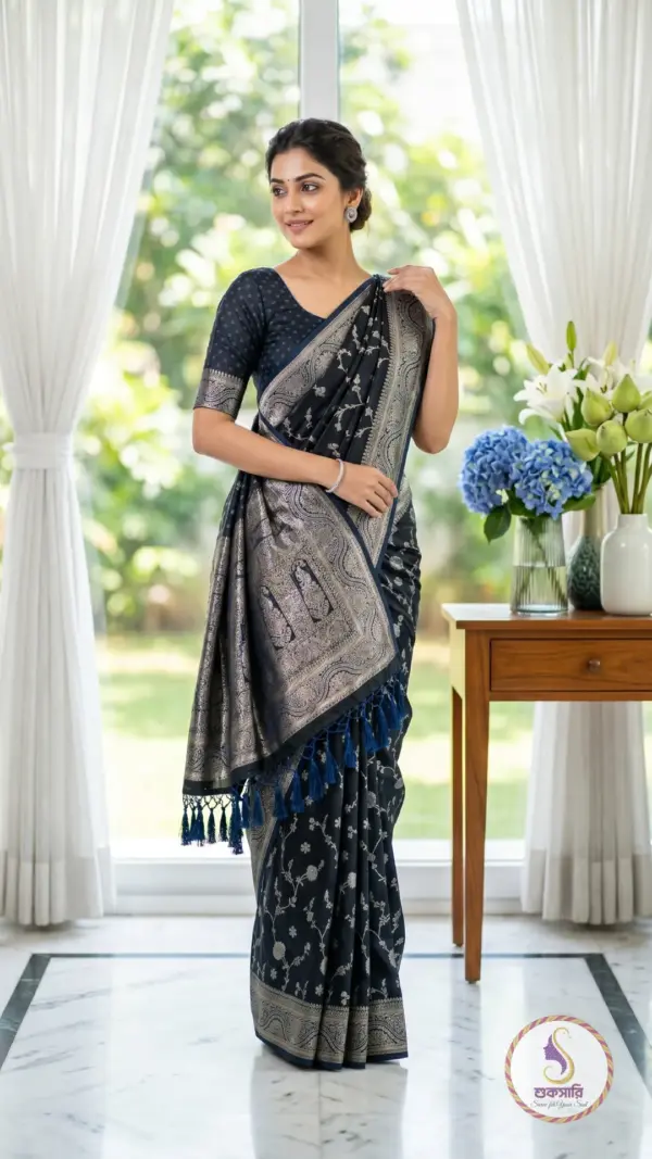 চন্দন সিল্ক ব্ল্যাক ব্লু শাড়ি