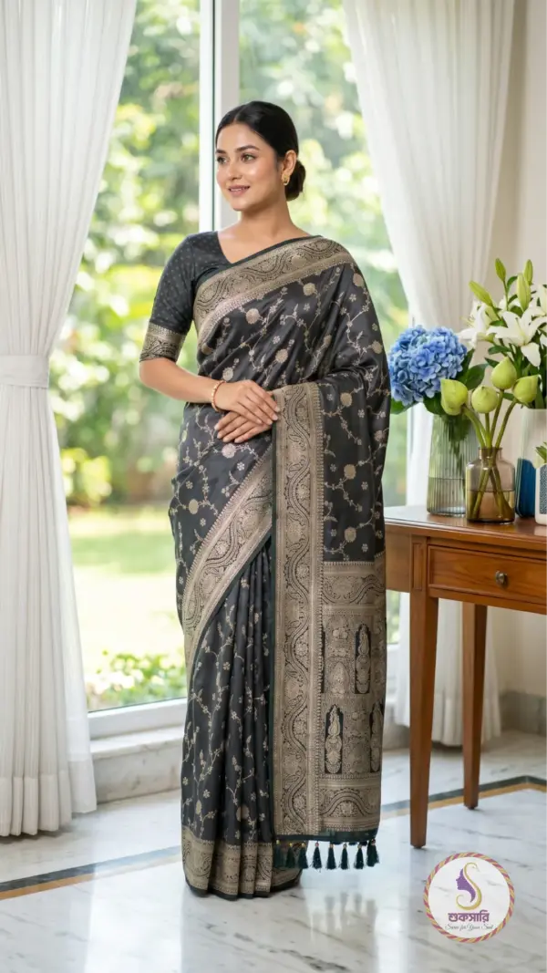 চন্দন সিল্ক ব্ল্যাক গ্রীন শাড়ি