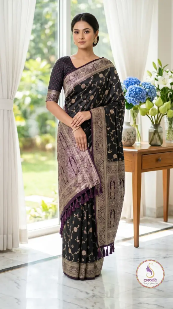 চন্দন সিল্ক ব্ল্যাক পার্পেল শাড়ি