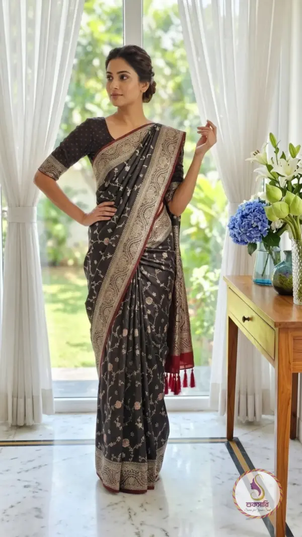 চন্দন সিল্ক ব্ল্যাক রোজ শাড়ি
